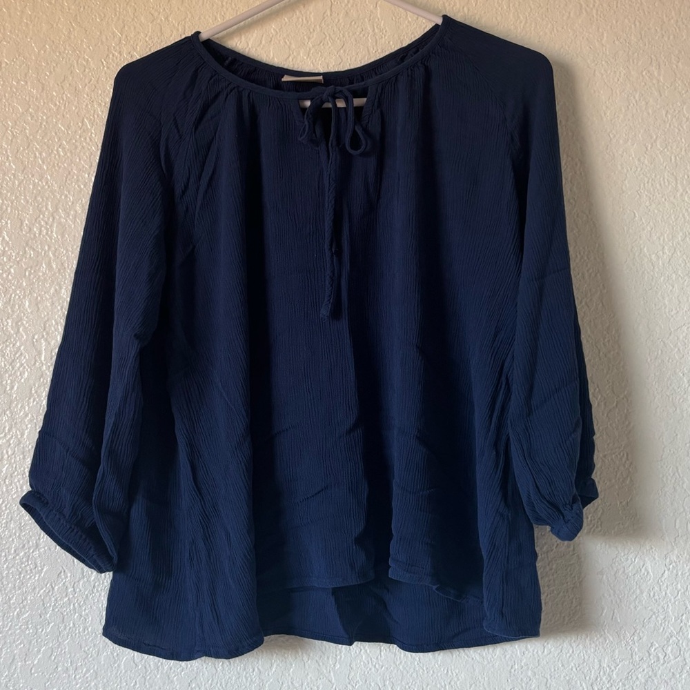 Laurie Felt Los Angeles deep blue Crinkle Gauze Peasant Blouse S Tie Neck boho